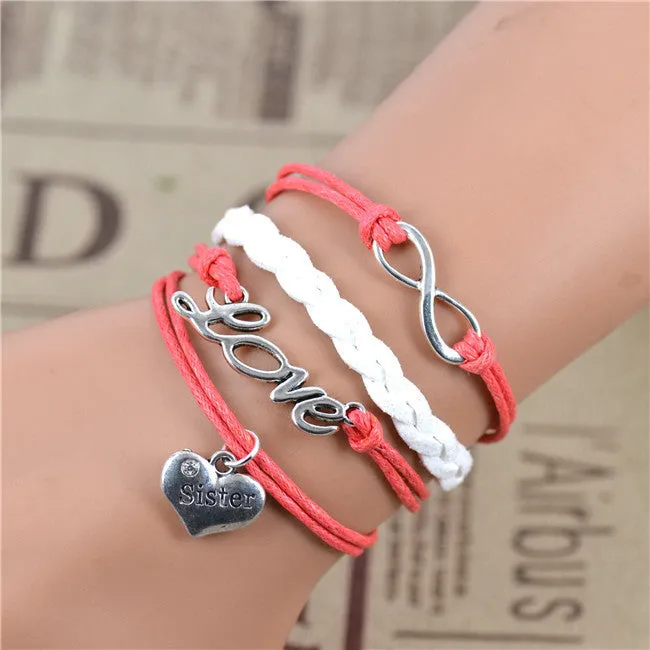 New Fashion Infinity Love Birds Sister Charm Bracelet With Handwoven leather Bracelets for Women Man Valentine's Day Gift