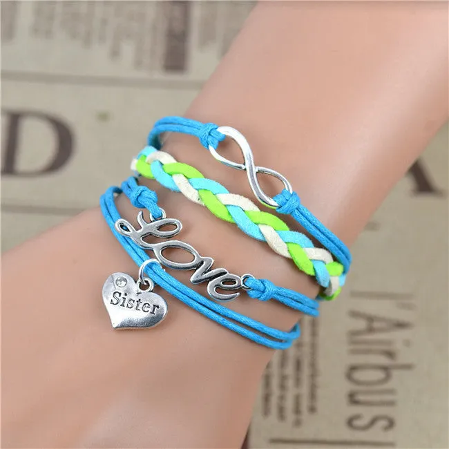 New Fashion Infinity Love Birds Sister Charm Bracelet With Handwoven leather Bracelets for Women Man Valentine's Day Gift