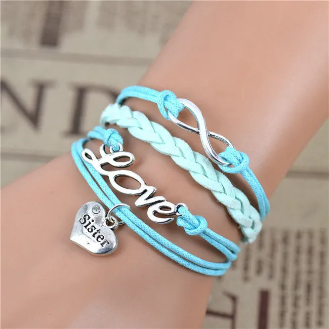 New Fashion Infinity Love Birds Sister Charm Bracelet With Handwoven leather Bracelets for Women Man Valentine's Day Gift