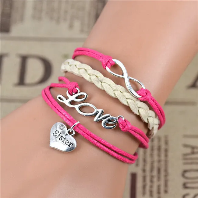 New Fashion Infinity Love Birds Sister Charm Bracelet With Handwoven leather Bracelets for Women Man Valentine's Day Gift