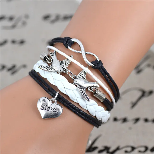 New Fashion Infinity Love Birds Sister Charm Bracelet With Handwoven leather Bracelets for Women Man Valentine's Day Gift