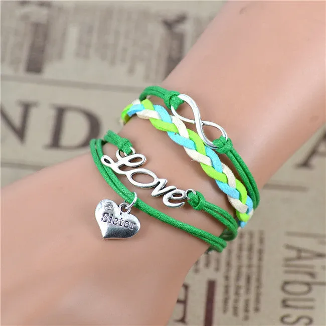 New Fashion Infinity Love Birds Sister Charm Bracelet With Handwoven leather Bracelets for Women Man Valentine's Day Gift