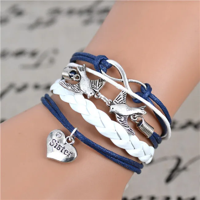 New Fashion Infinity Love Birds Sister Charm Bracelet With Handwoven leather Bracelets for Women Man Valentine's Day Gift