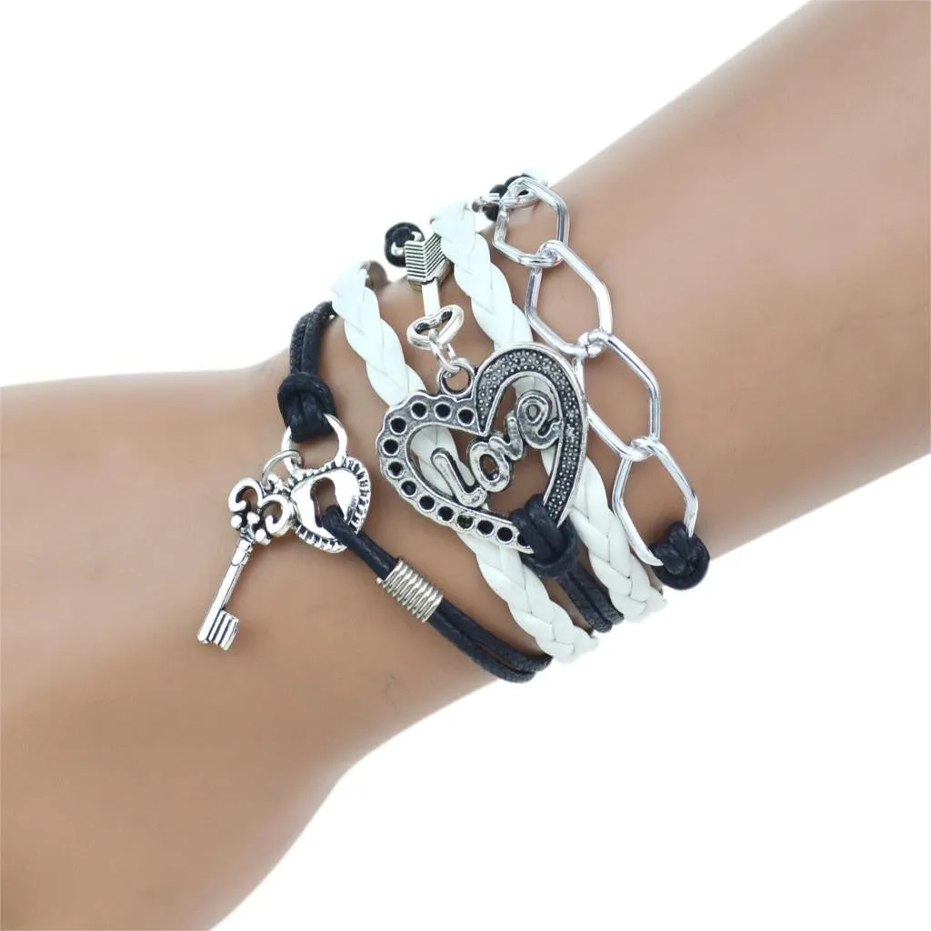 New Fashion Infinity Love Birds Sister Charm Bracelet With Handwoven leather Bracelets for Women Man Valentine's Day Gift