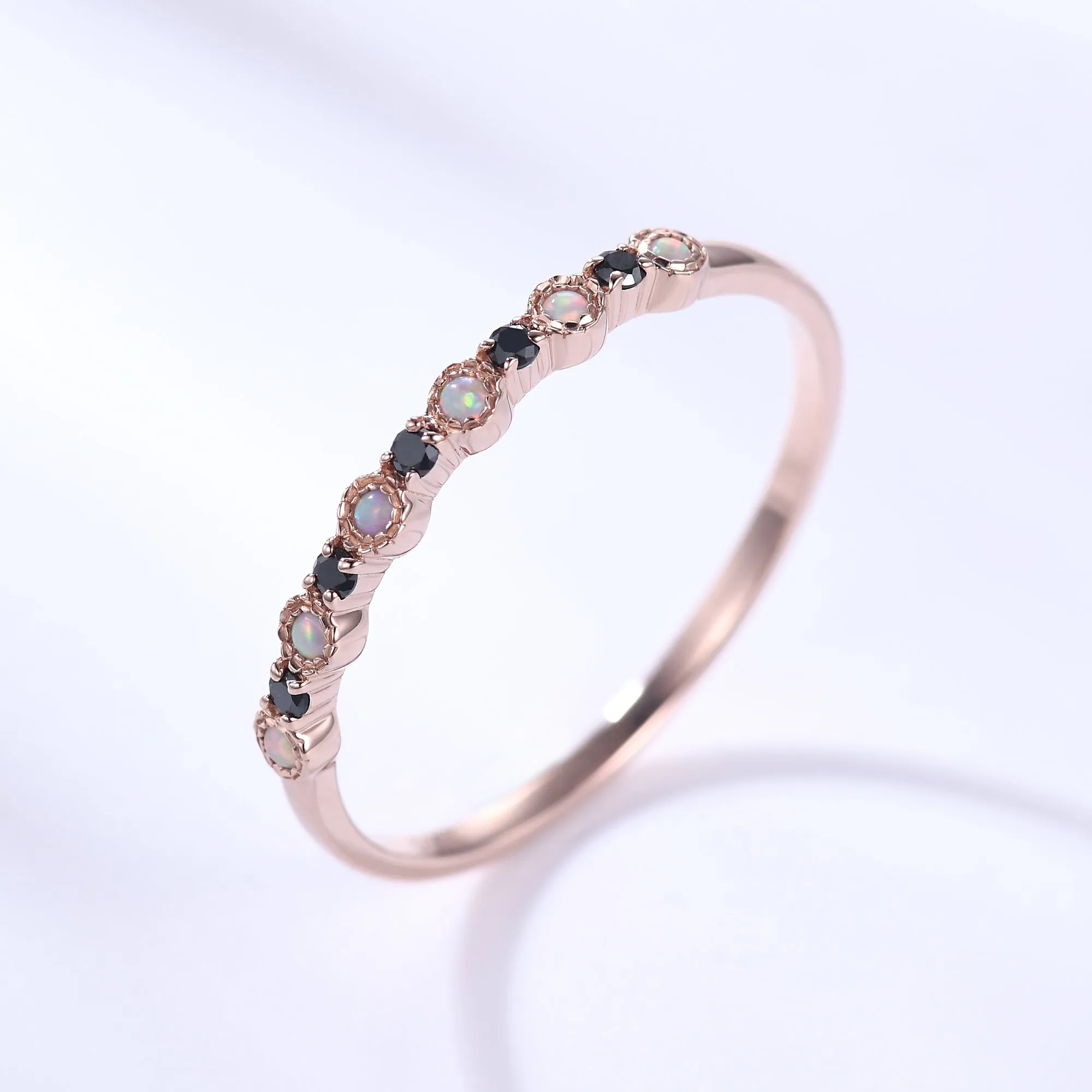 Opal Black Onyx Wedding Band 14k Rose Gold Stackable Milgrain Ring for Her