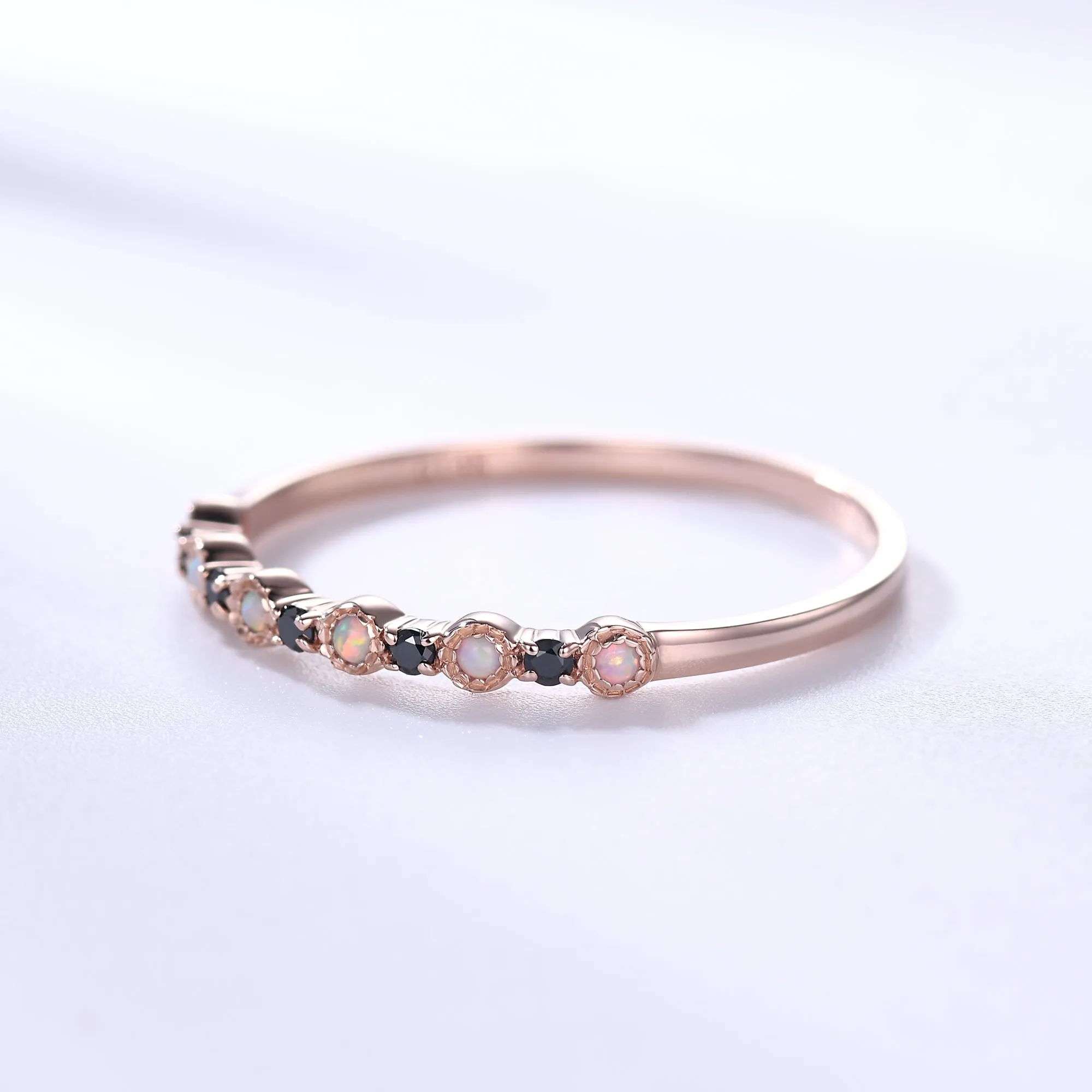 Opal Black Onyx Wedding Band 14k Rose Gold Stackable Milgrain Ring for Her