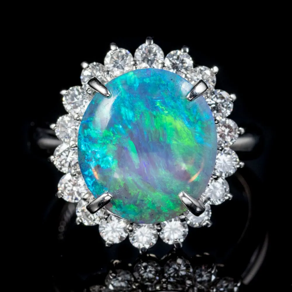 Opal Diamond Cluster Ring Platinum 3.4Ct Opal Circa 1960