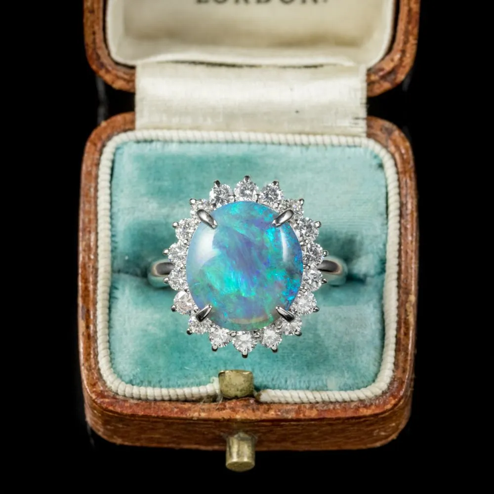 Opal Diamond Cluster Ring Platinum 3.4Ct Opal Circa 1960