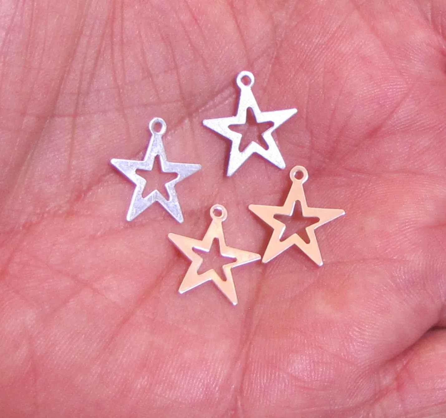 Open star charm, sterling silver 24 gauge, 1/2 x1/2 inch size, with loop, element dangle,  8 pack