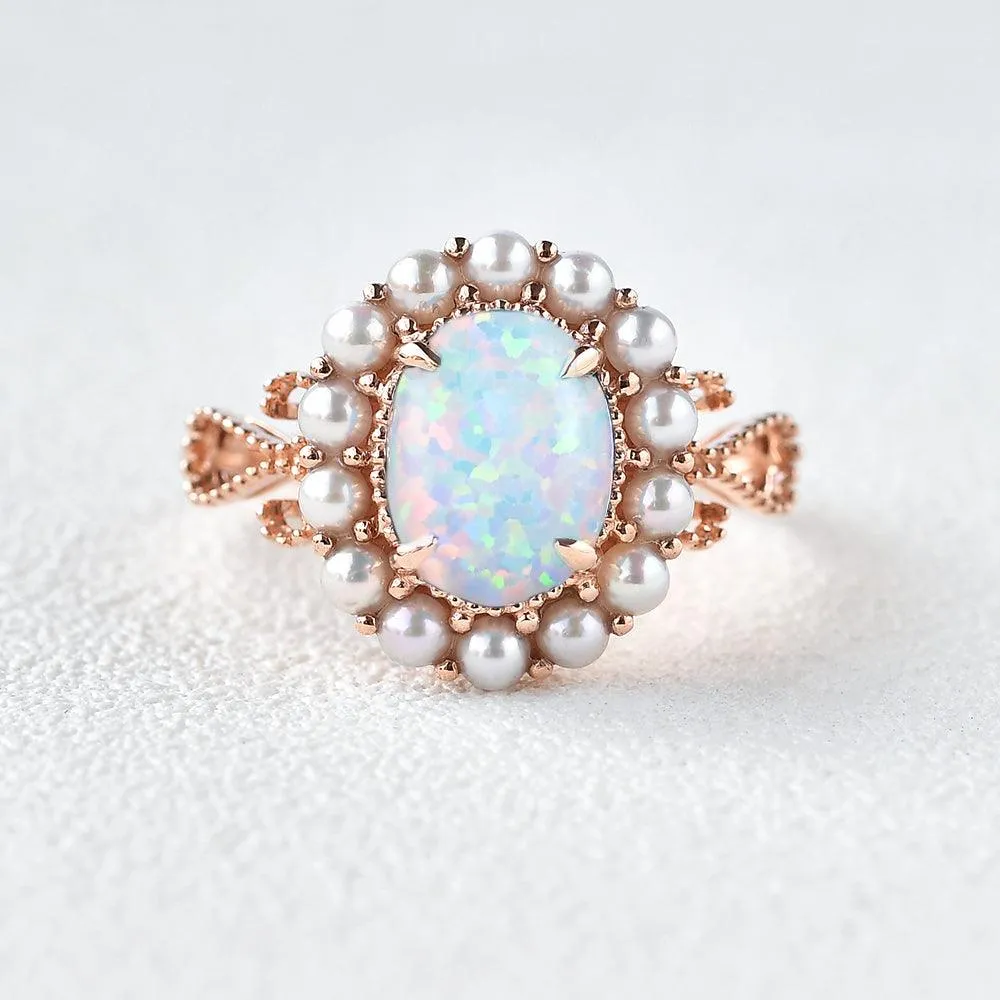 Oval Cut Lab Opal & Pearls Halo Rose Gold Ring