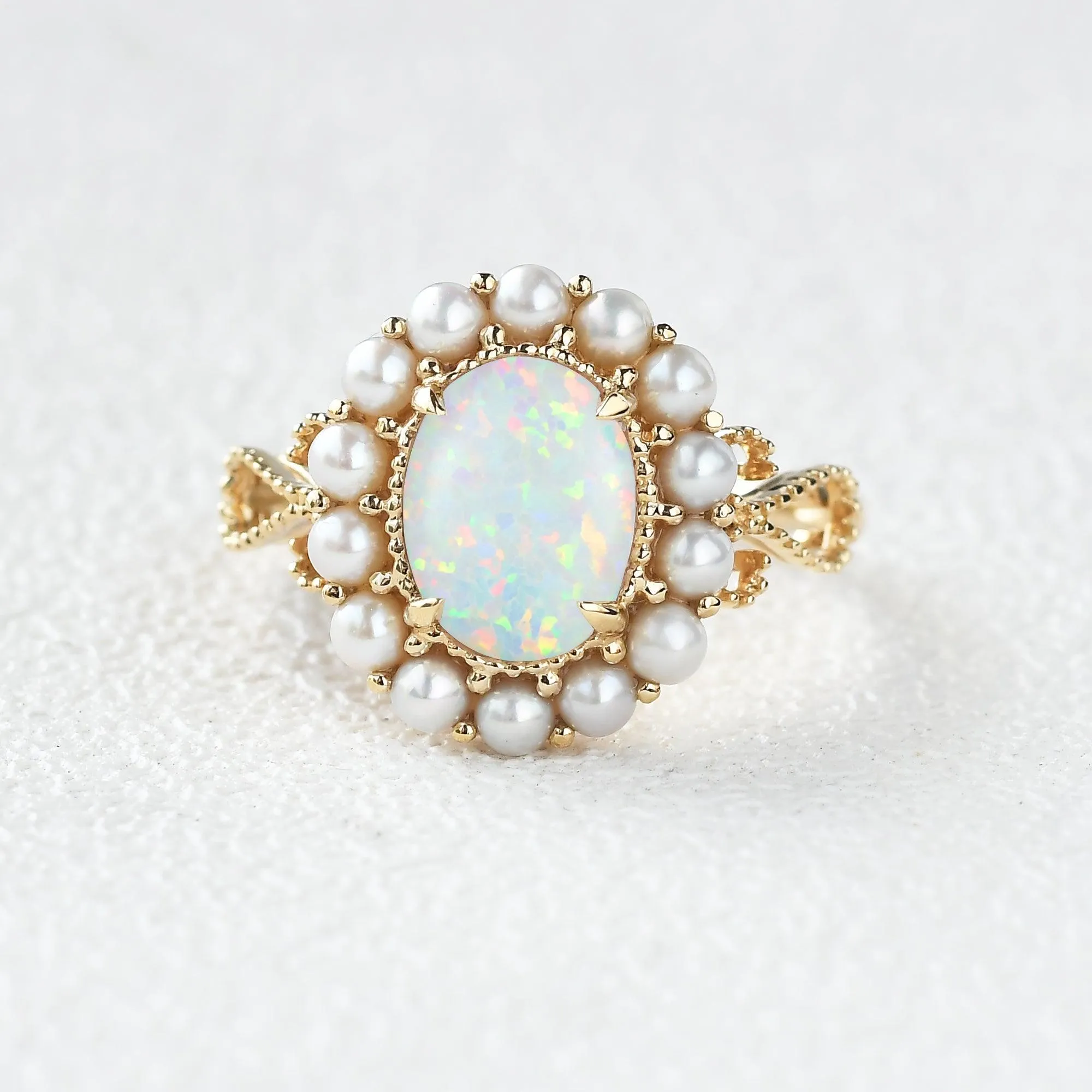 Oval Cut Lab Opal & Pearls Halo Rose Gold Ring