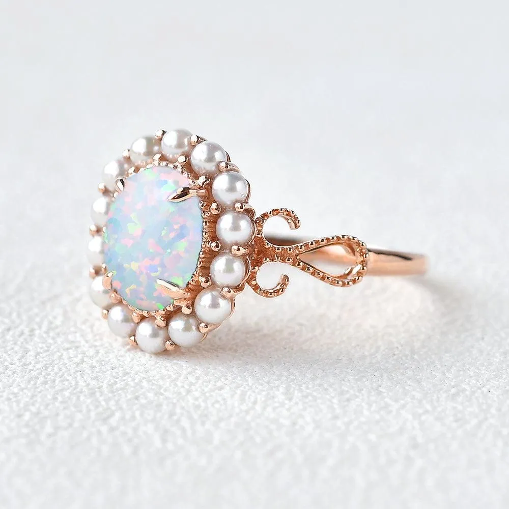 Oval Cut Lab Opal & Pearls Halo Rose Gold Ring