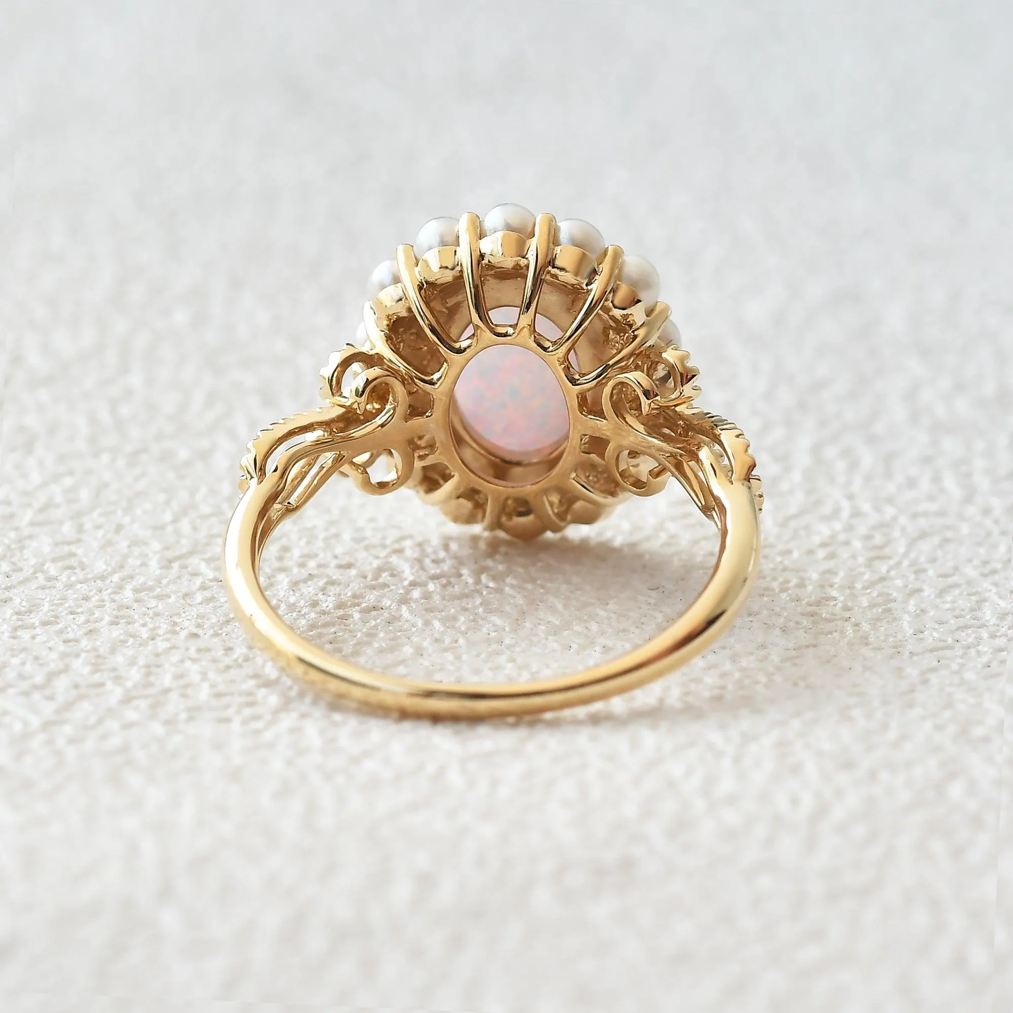 Oval Cut Lab Opal & Pearls Halo Rose Gold Ring