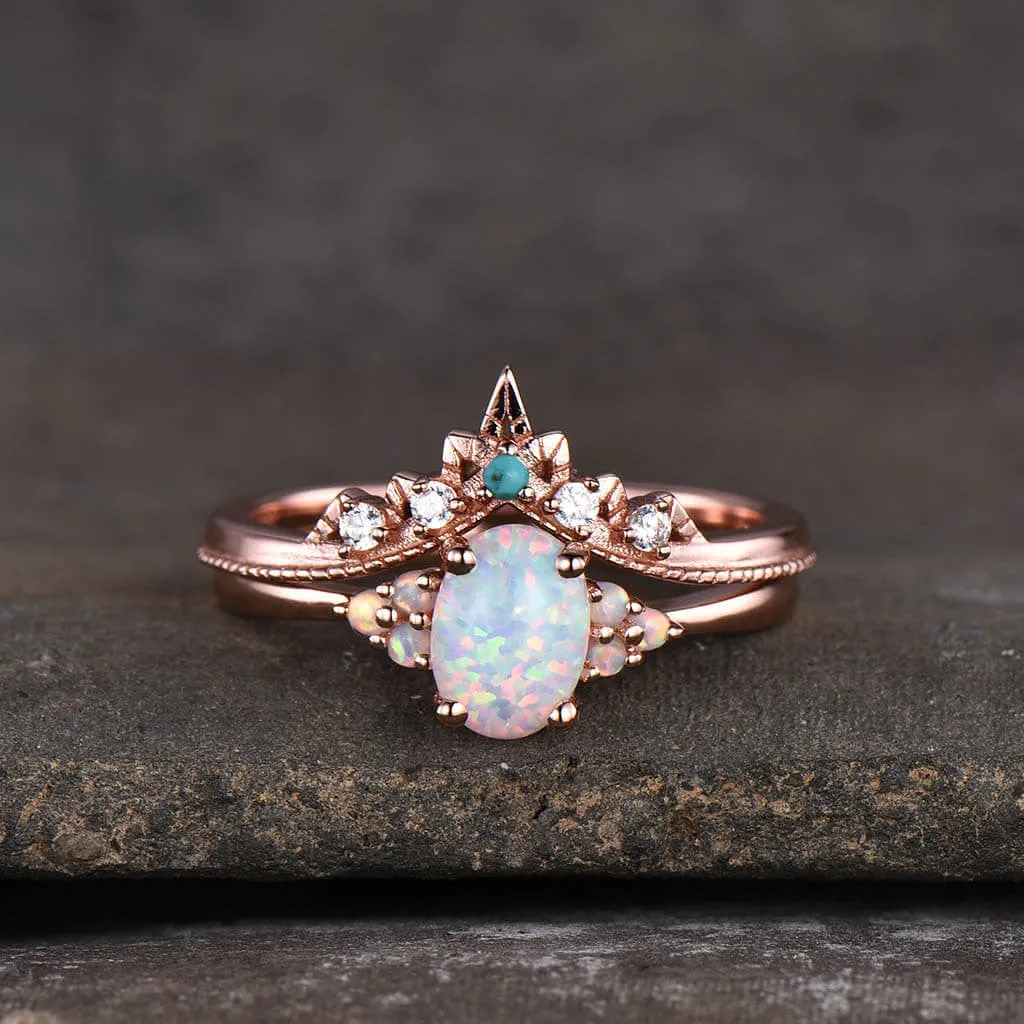 Oval  Opal Engagement Ring Set Cluster Opal Bridal Jewelry 14k/18k