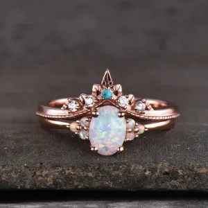 Oval  Opal Engagement Ring Set Cluster Opal Bridal Jewelry 14k/18k