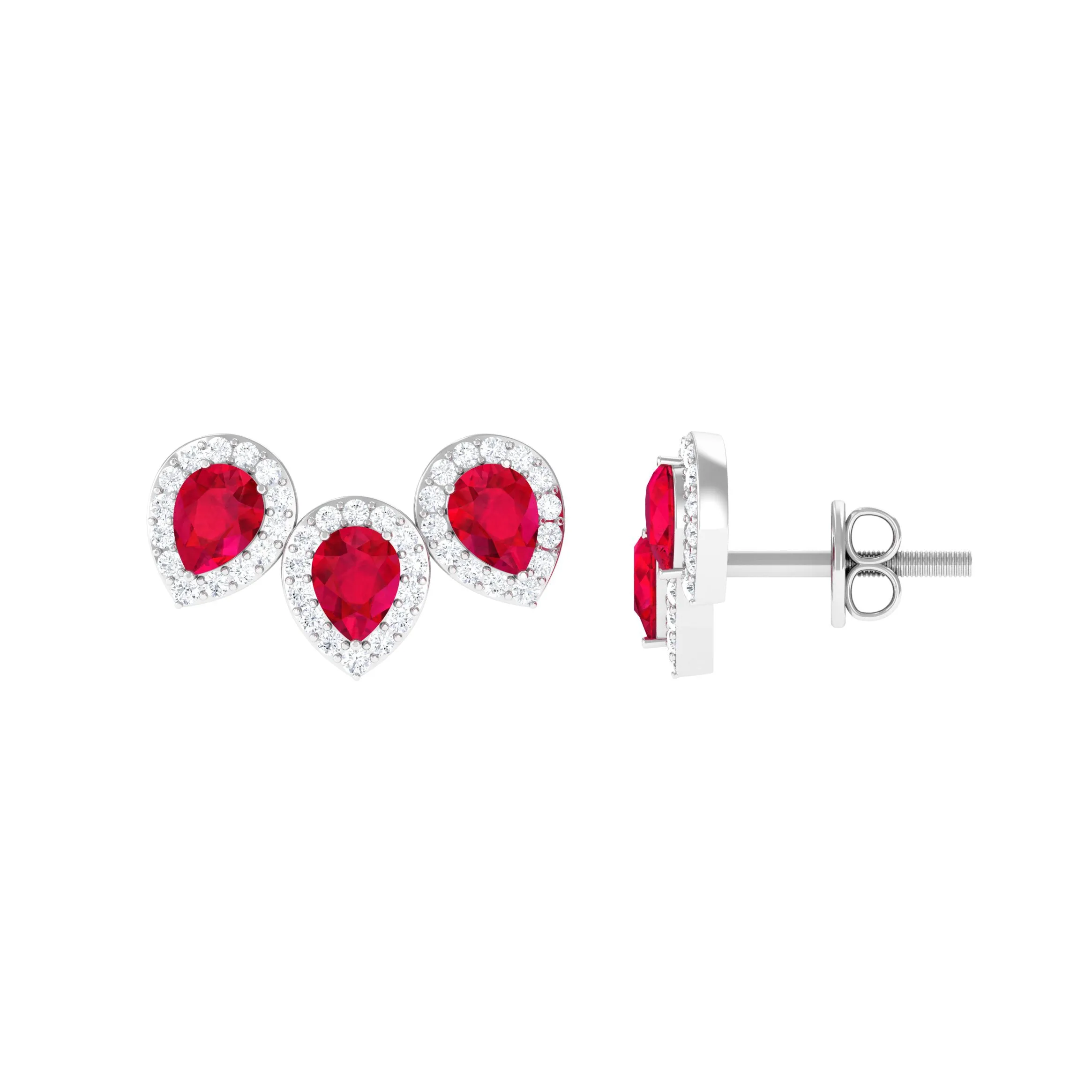 Pear Cut Created Ruby 3 Stone Stud Earring with Diamond Halo