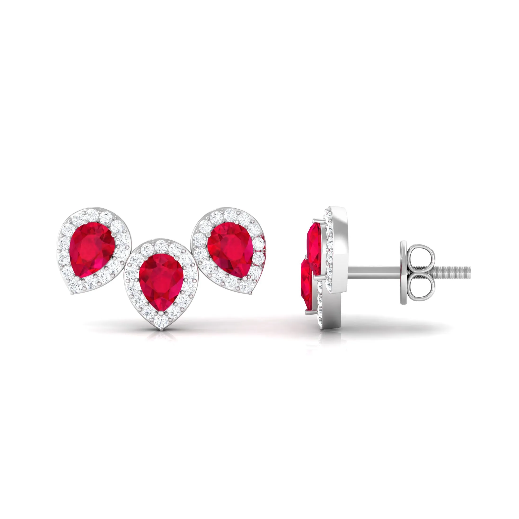 Pear Cut Created Ruby 3 Stone Stud Earring with Diamond Halo