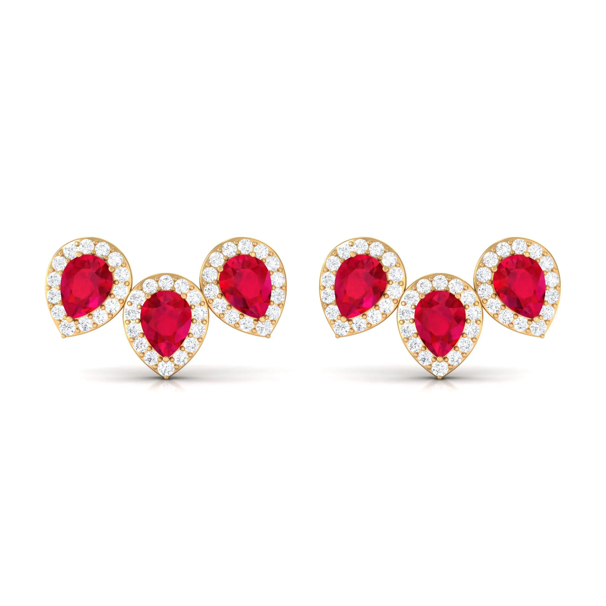 Pear Cut Created Ruby 3 Stone Stud Earring with Diamond Halo