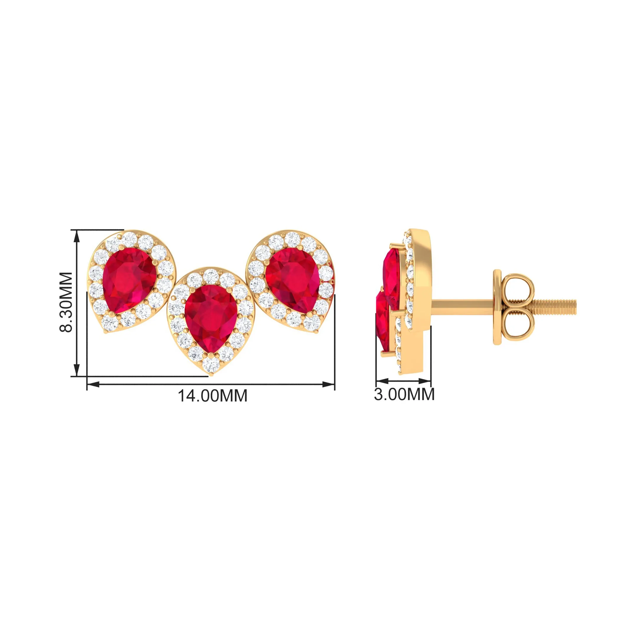 Pear Cut Created Ruby 3 Stone Stud Earring with Diamond Halo