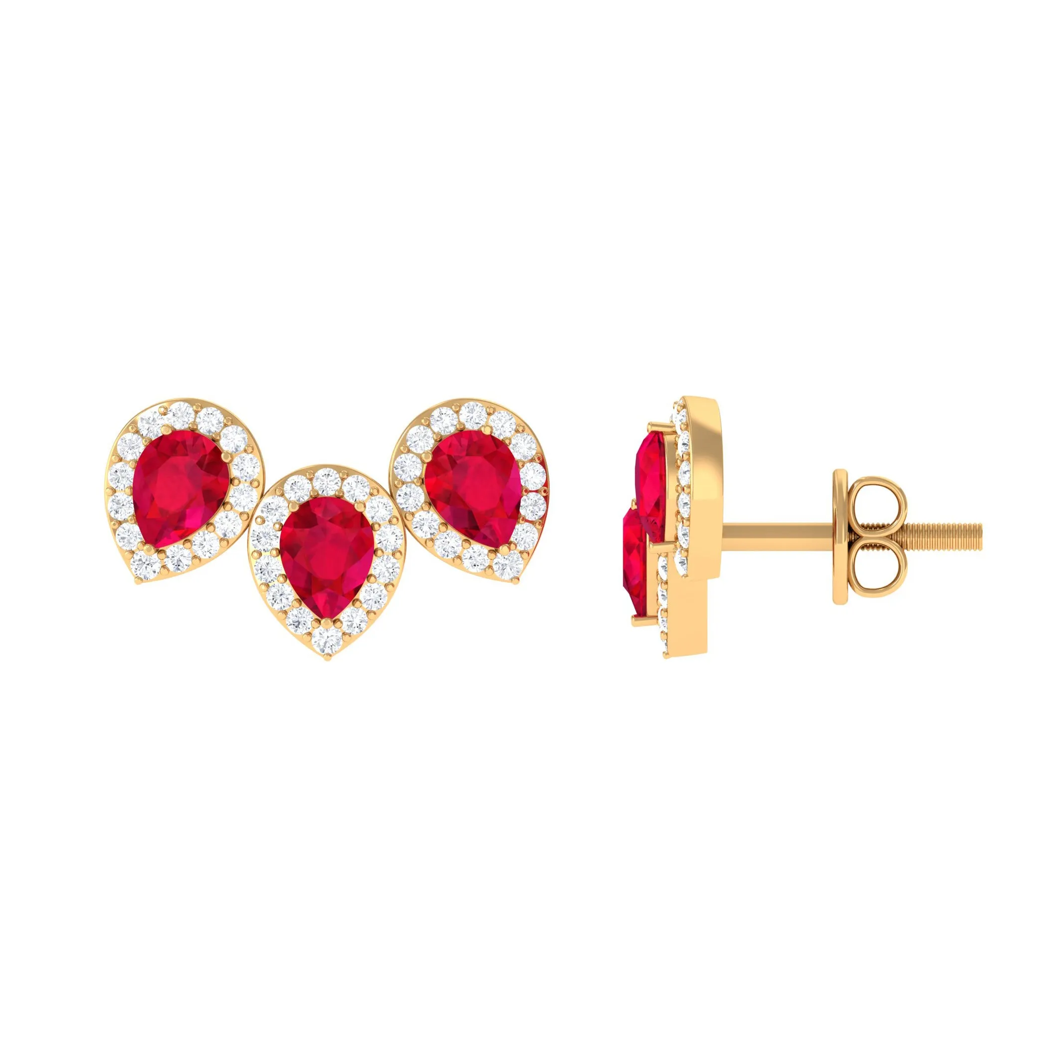 Pear Cut Created Ruby 3 Stone Stud Earring with Diamond Halo