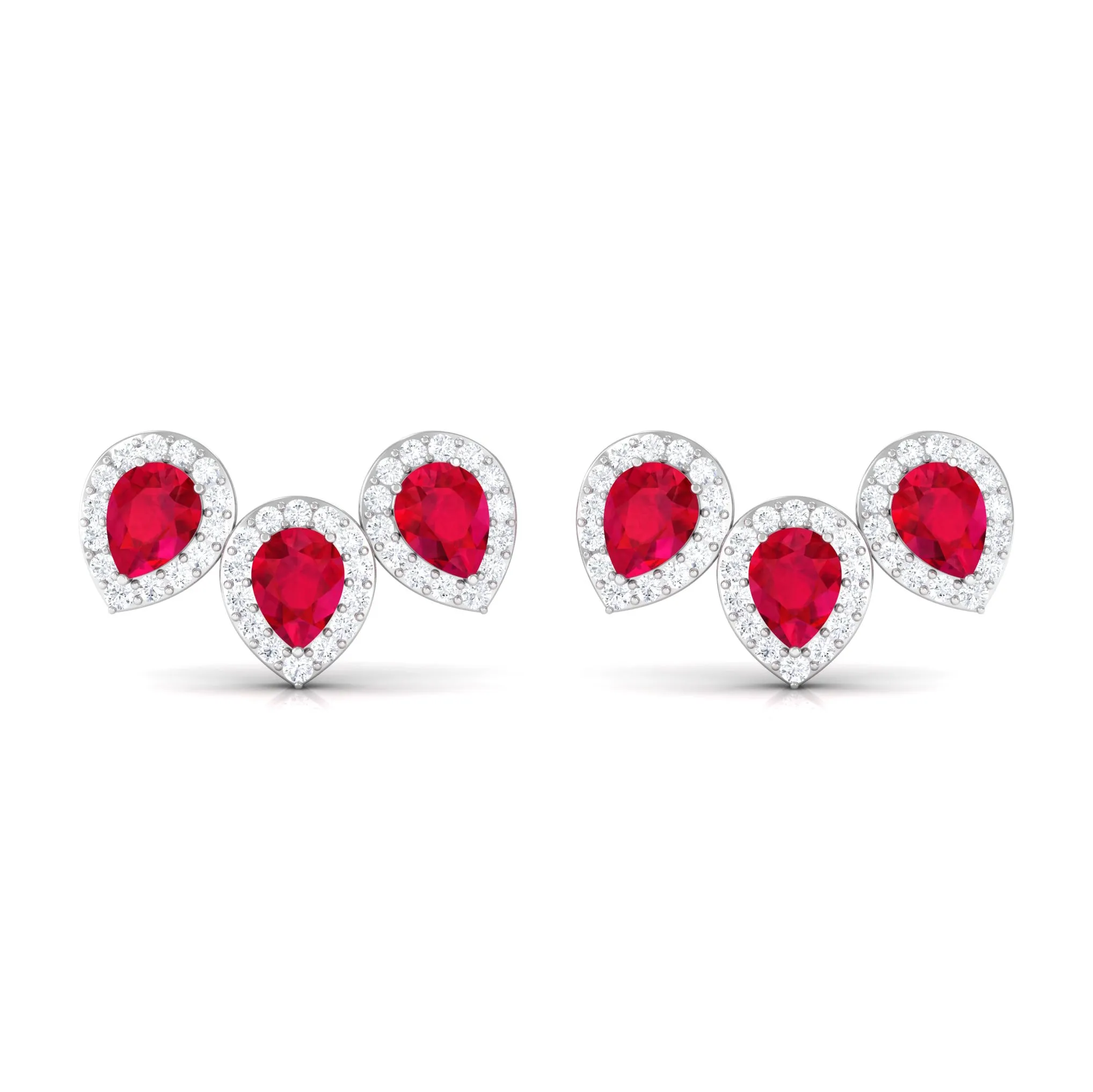 Pear Cut Created Ruby 3 Stone Stud Earring with Diamond Halo