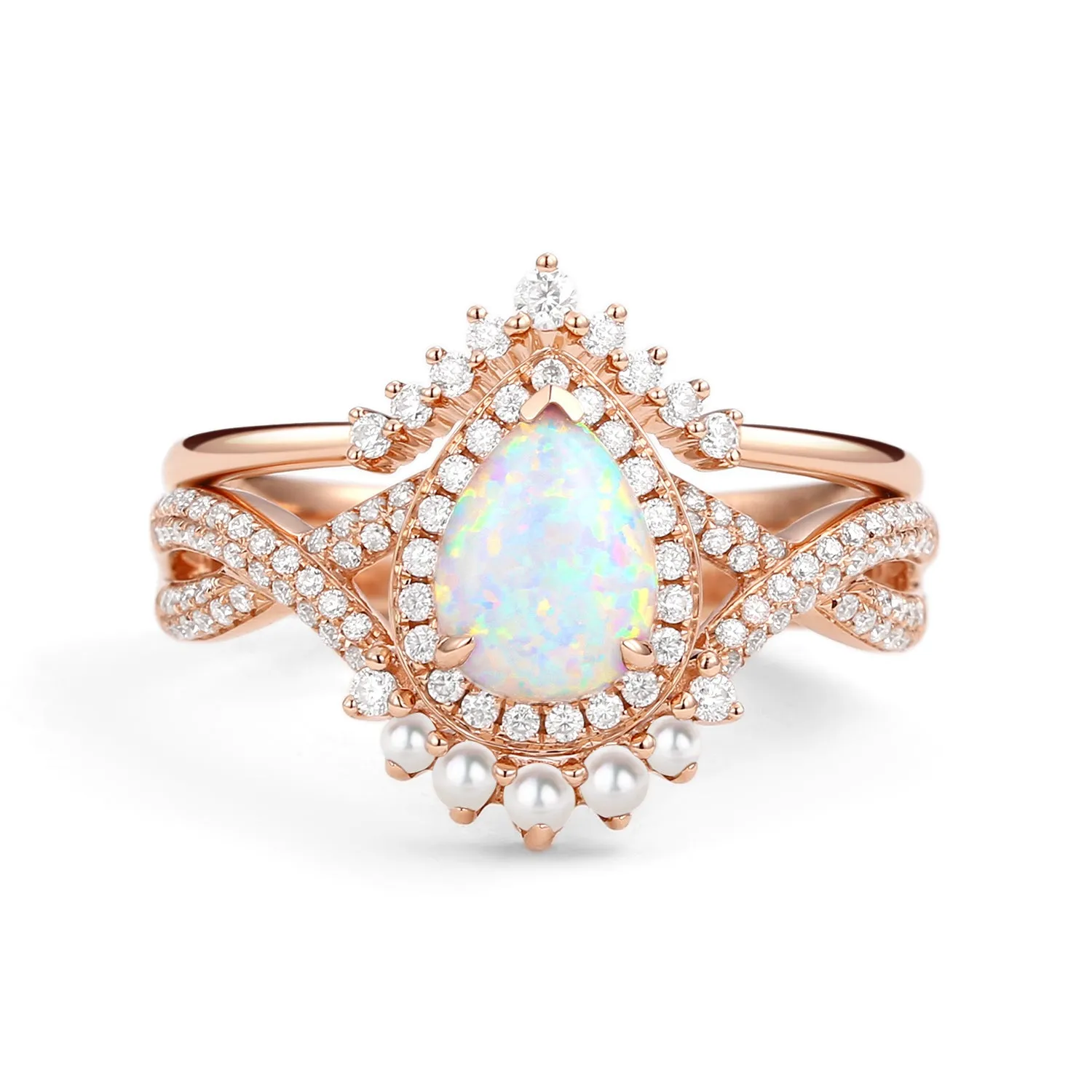 Pear Opal & Pearl Halo Infinity Ring Set 2pcs