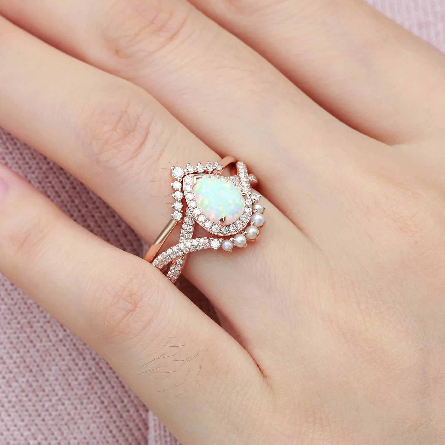 Pear Opal & Pearl Halo Infinity Ring Set 2pcs