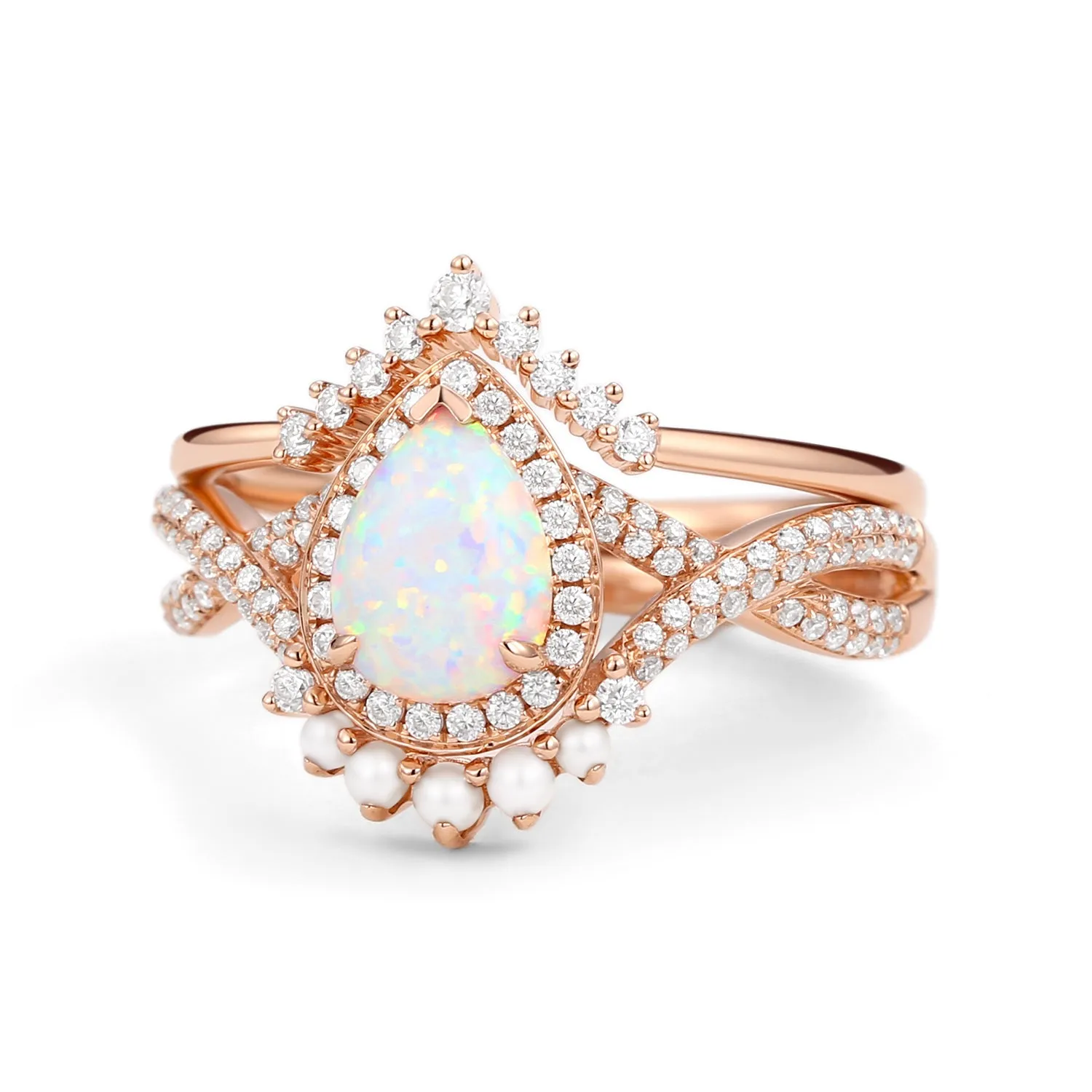 Pear Opal & Pearl Halo Infinity Ring Set 2pcs