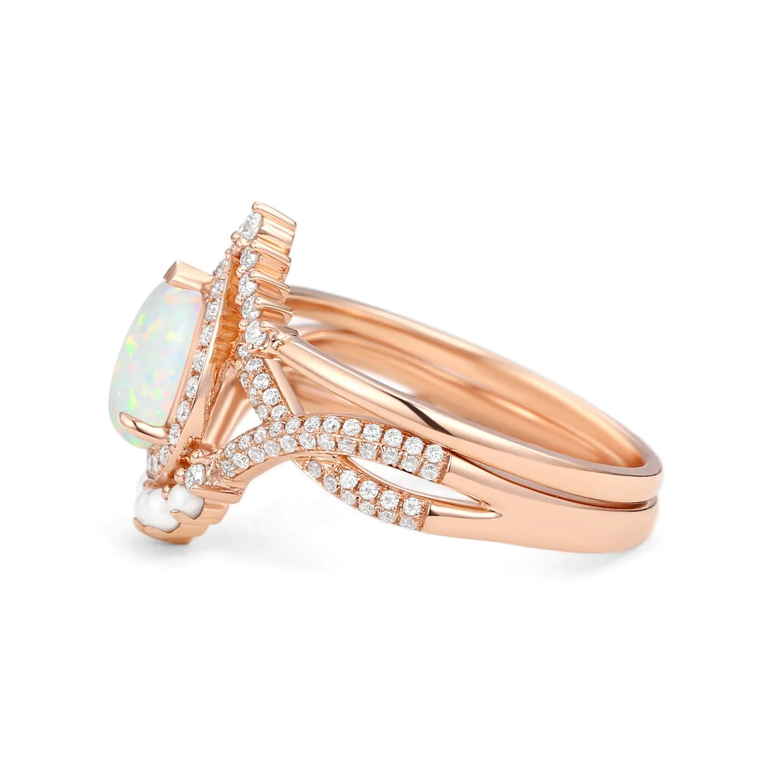 Pear Opal & Pearl Halo Infinity Ring Set 2pcs