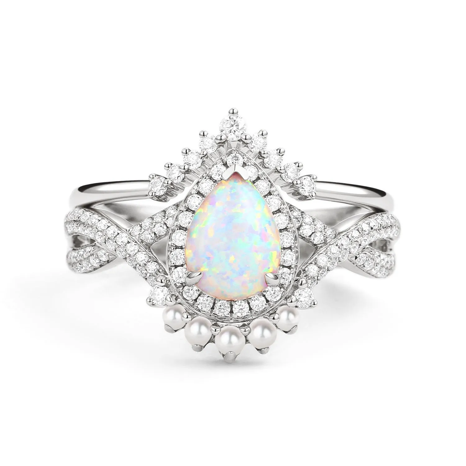 Pear Opal & Pearl Halo Infinity Ring Set 2pcs