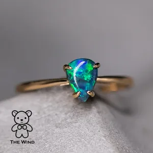 Pear Shaped Australian Black Opal Engagement Wedding Ring 18K Yellow Gold