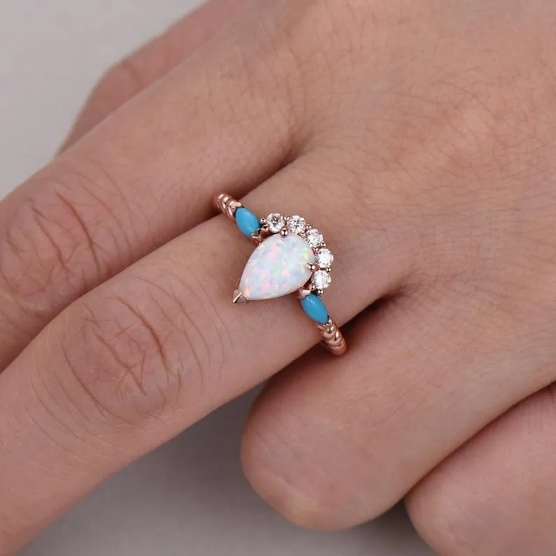 Pear Shaped Opal Engagement Ring Rose Gold CZ Diamond Turquoise Vintage Art Deco Wedding Jewelry Bridal Women Promise Anniversary Gift