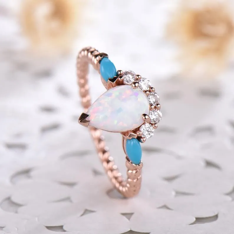 Pear Shaped Opal Engagement Ring Rose Gold CZ Diamond Turquoise Vintage Art Deco Wedding Jewelry Bridal Women Promise Anniversary Gift