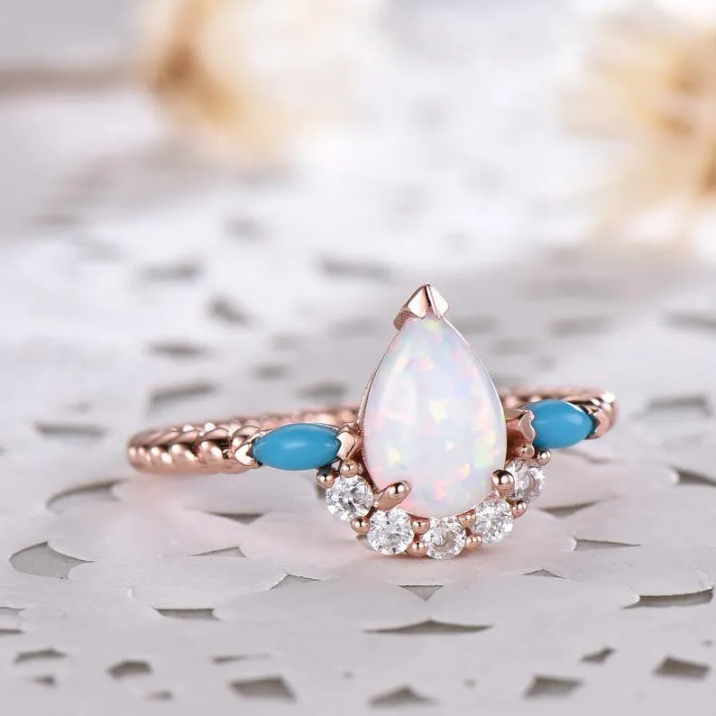 Pear Shaped Opal Engagement Ring Rose Gold CZ Diamond Turquoise Vintage Art Deco Wedding Jewelry Bridal Women Promise Anniversary Gift