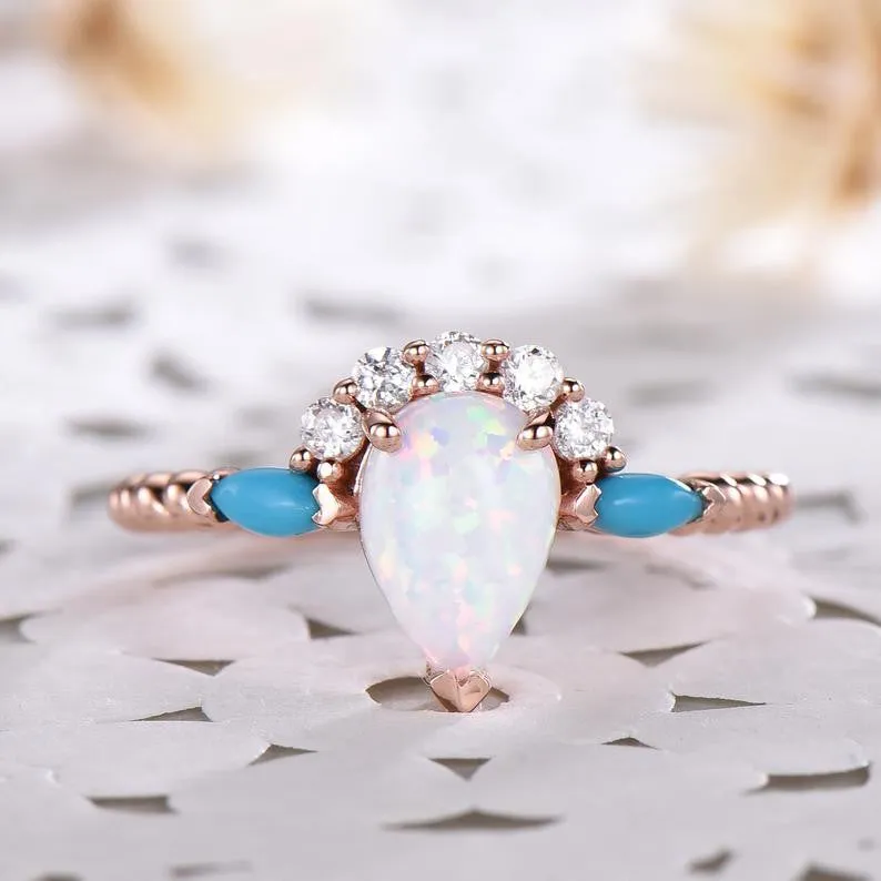 Pear Shaped Opal Engagement Ring Rose Gold CZ Diamond Turquoise Vintage Art Deco Wedding Jewelry Bridal Women Promise Anniversary Gift