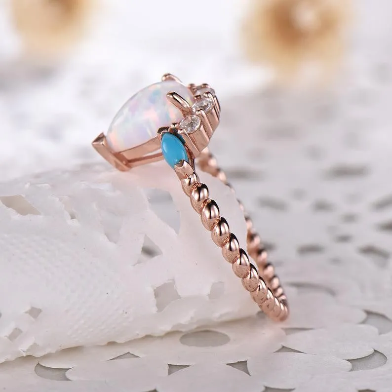 Pear Shaped Opal Engagement Ring Rose Gold CZ Diamond Turquoise Vintage Art Deco Wedding Jewelry Bridal Women Promise Anniversary Gift