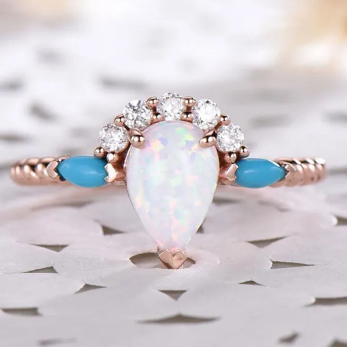 Pear Shaped Opal Engagement Ring Rose Gold CZ Diamond Turquoise Vintage Art Deco Wedding Jewelry Bridal Women Promise Anniversary Gift