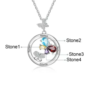 Personalized 4 Names And Stones Engraved Butterfly Necklace