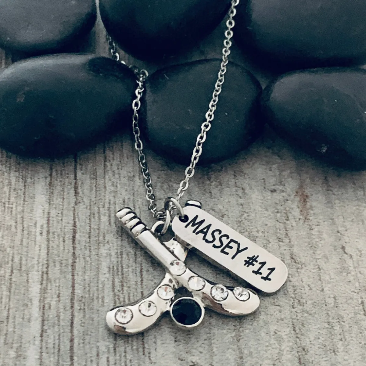 Personalized Engraved Ice Hockey Stick Necklace - Pick Charm