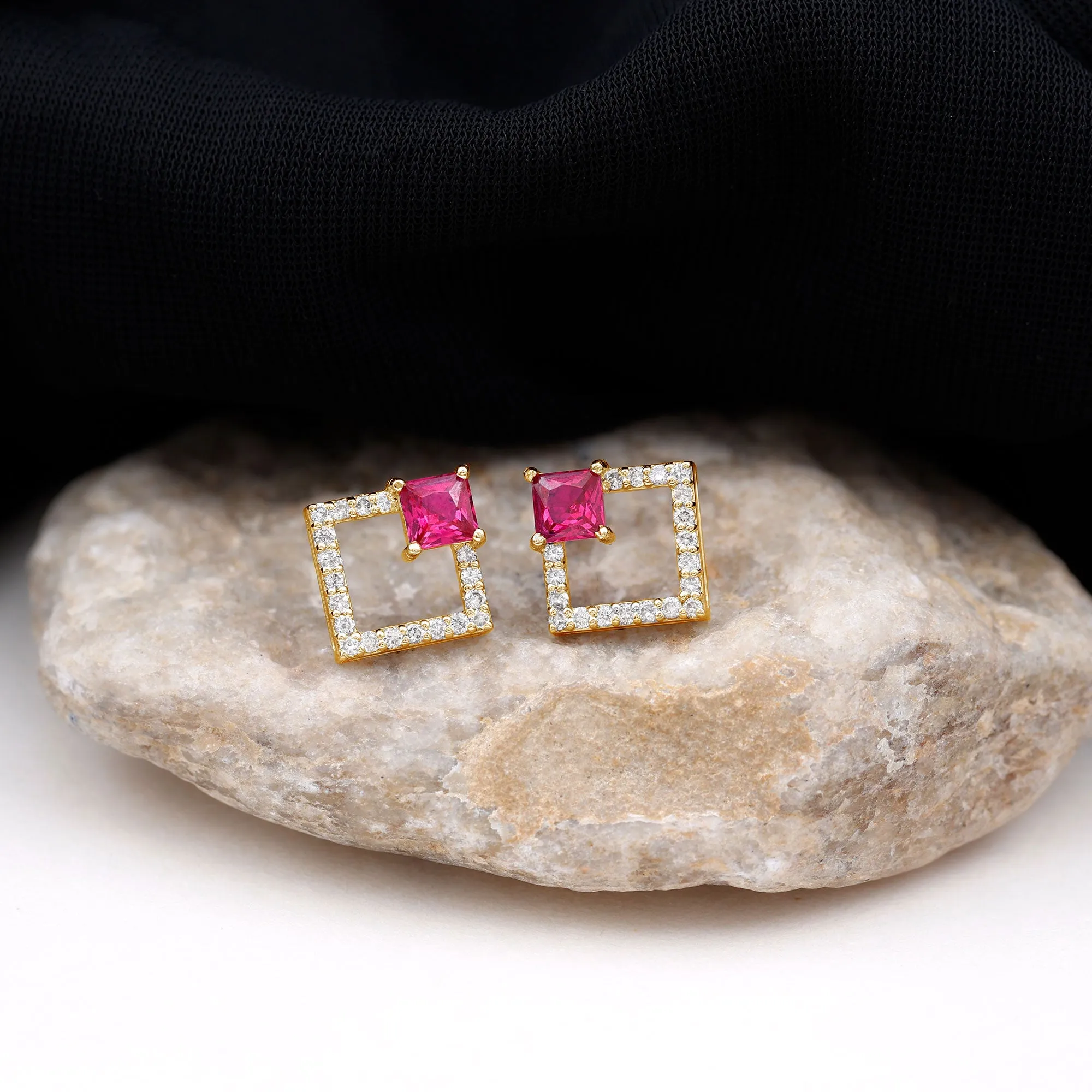 Princess Cut Created Ruby and Diamond Square Stud Earrings in Gold