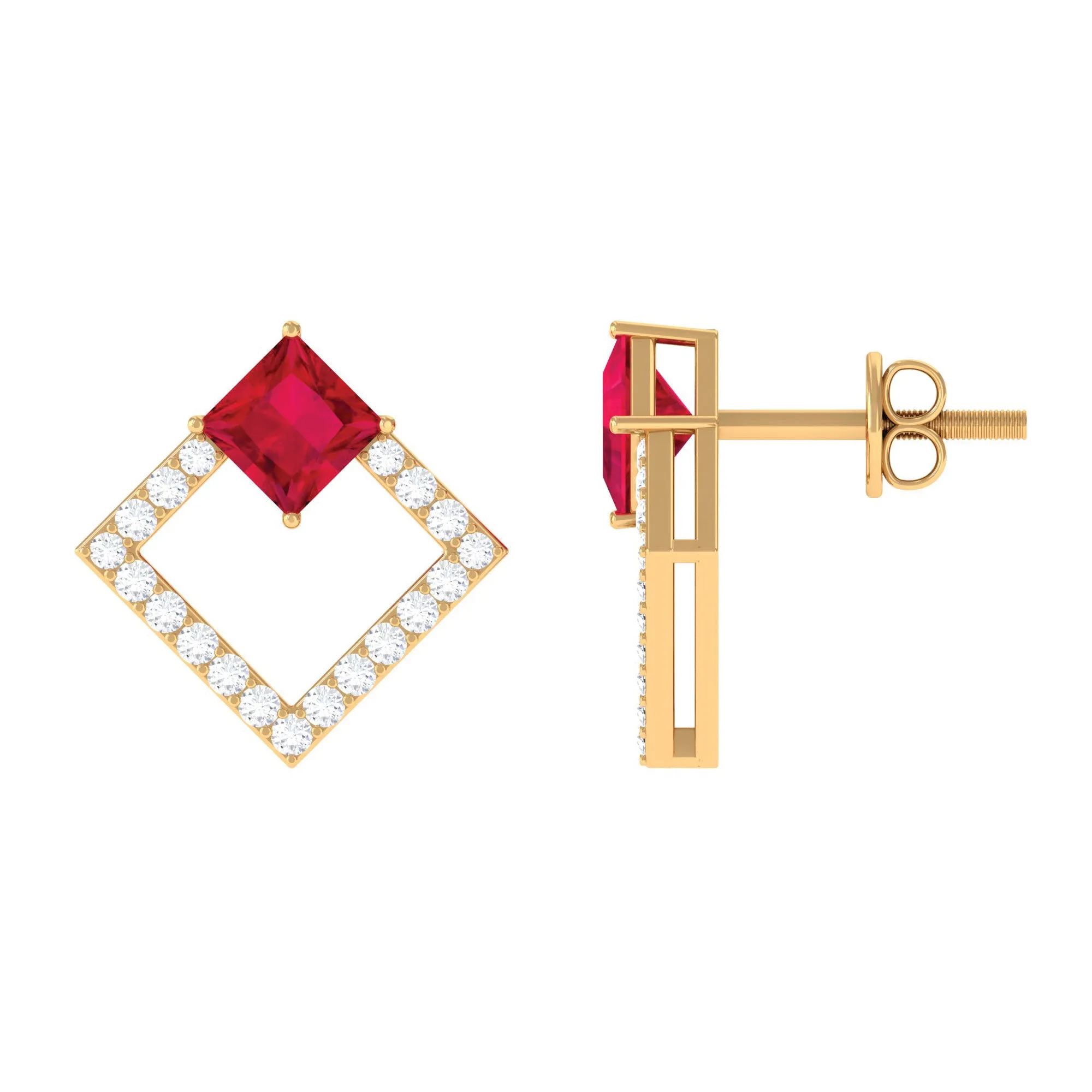 Princess Cut Created Ruby and Diamond Square Stud Earrings in Gold