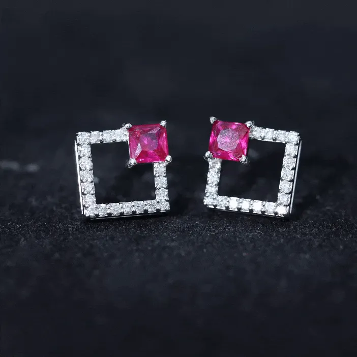 Princess Cut Created Ruby and Diamond Square Stud Earrings in Gold