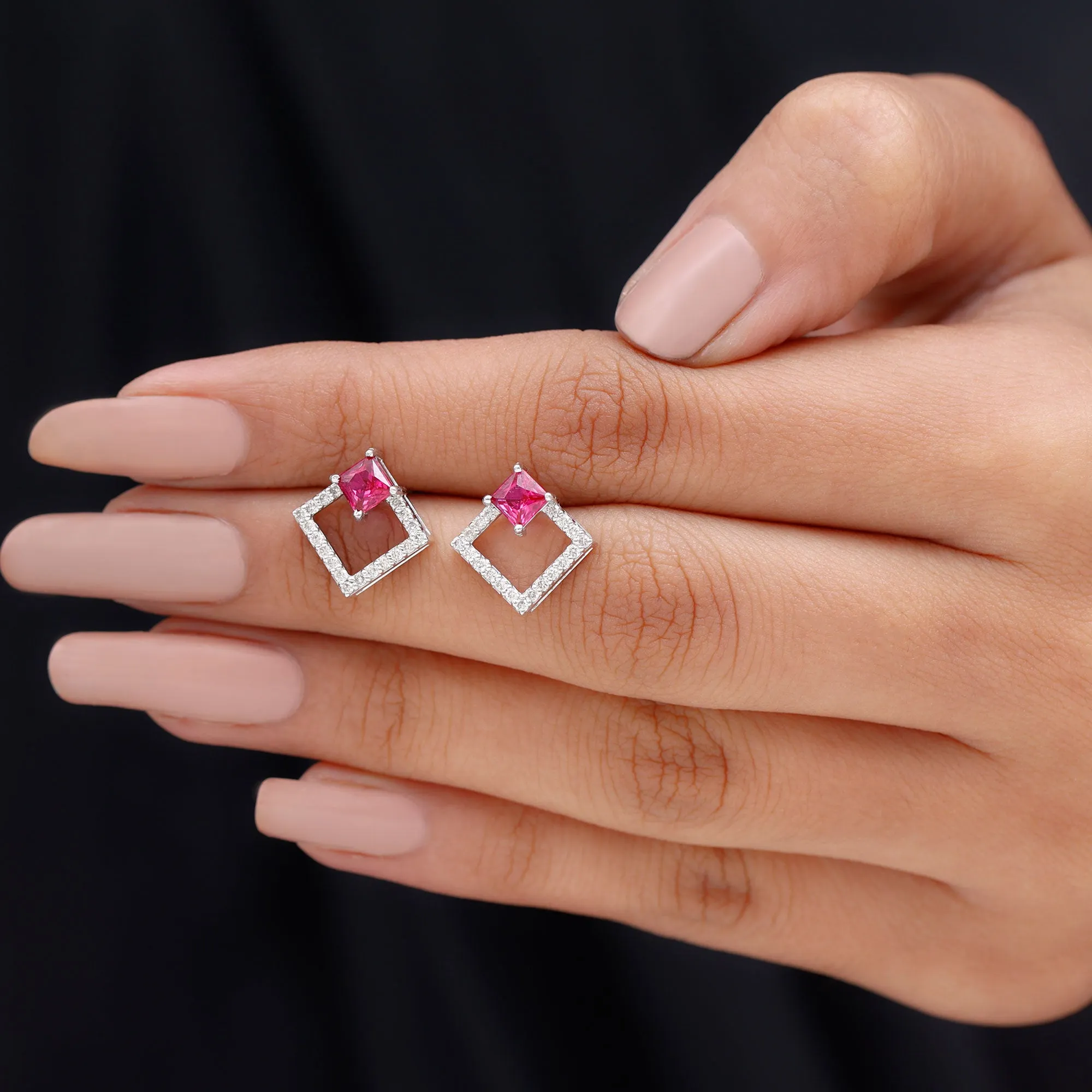 Princess Cut Created Ruby and Diamond Square Stud Earrings in Gold