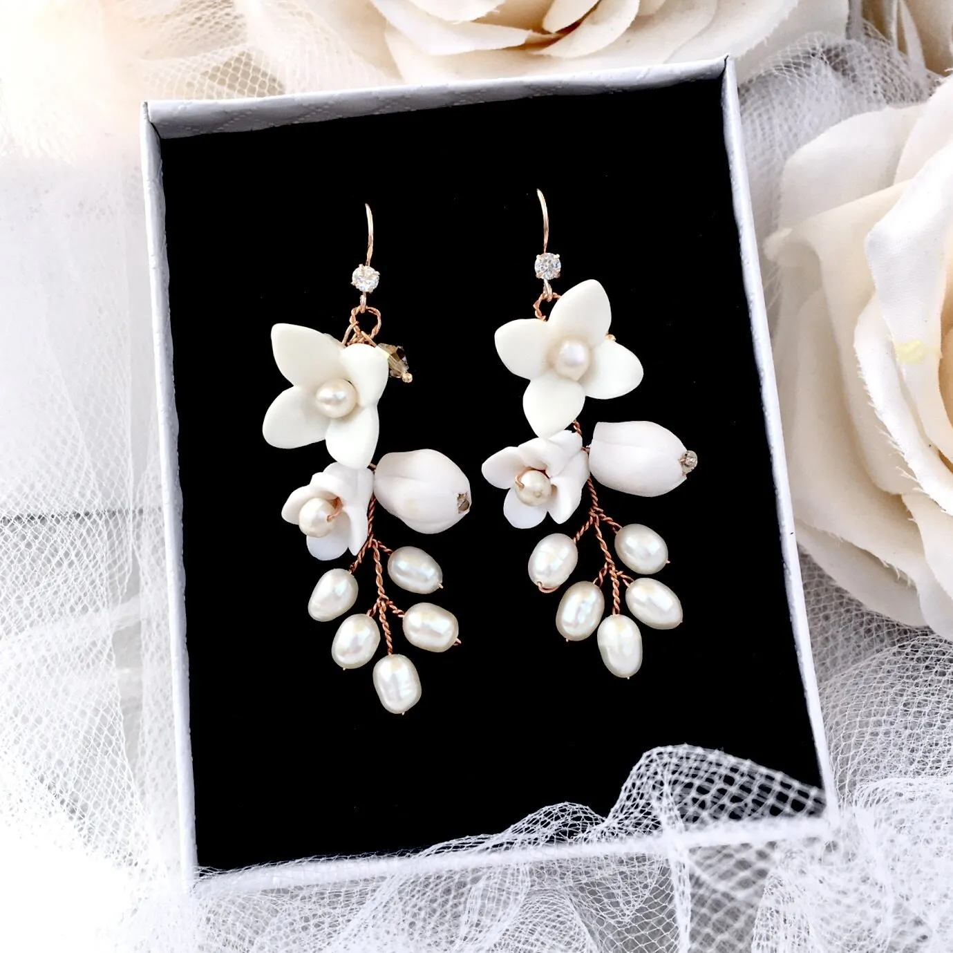 "Claudine" - Ceramic Flowers Bridal Earrings - Available in Yellow Gold, Silver and Rose Gold