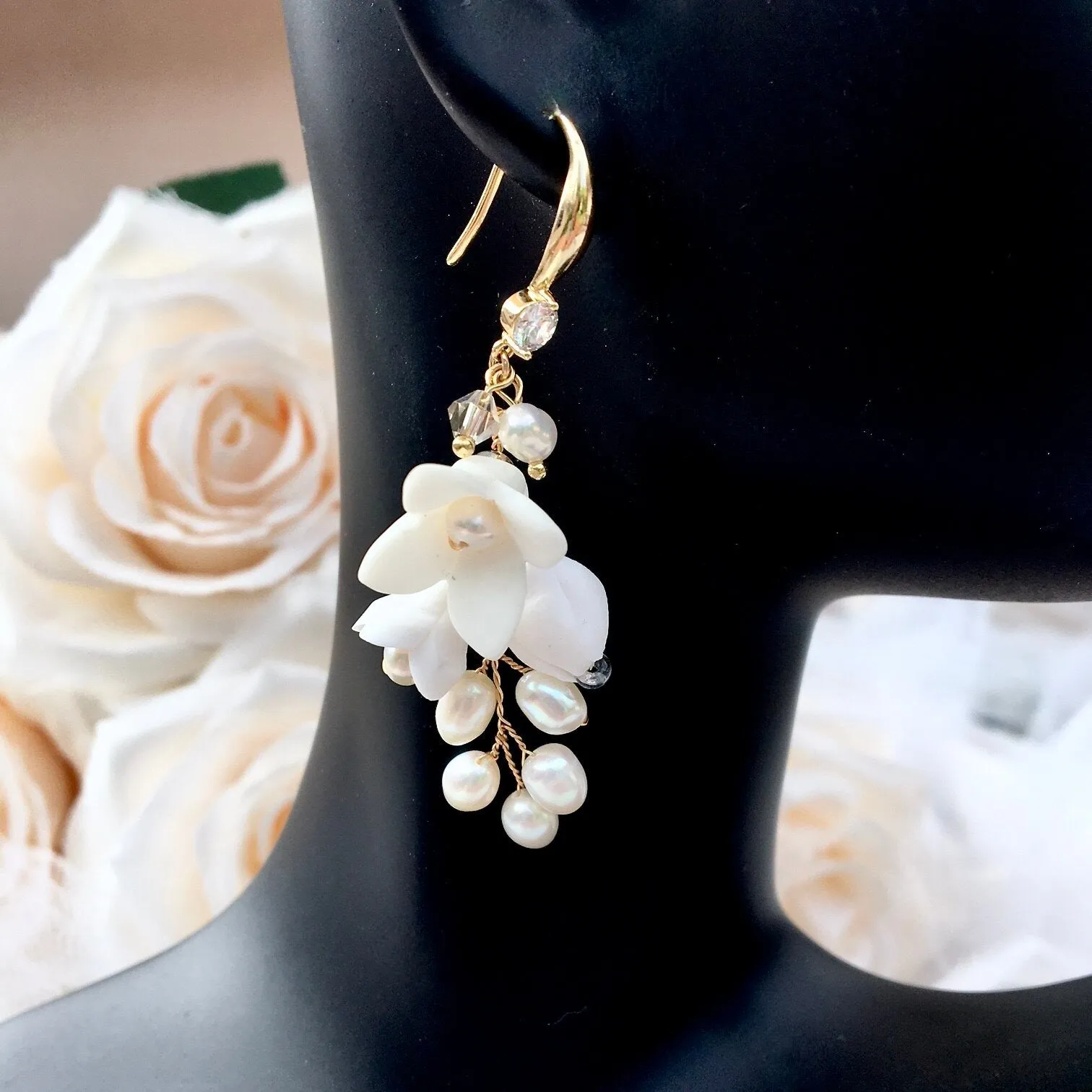 "Claudine" - Ceramic Flowers Bridal Earrings - Available in Yellow Gold, Silver and Rose Gold