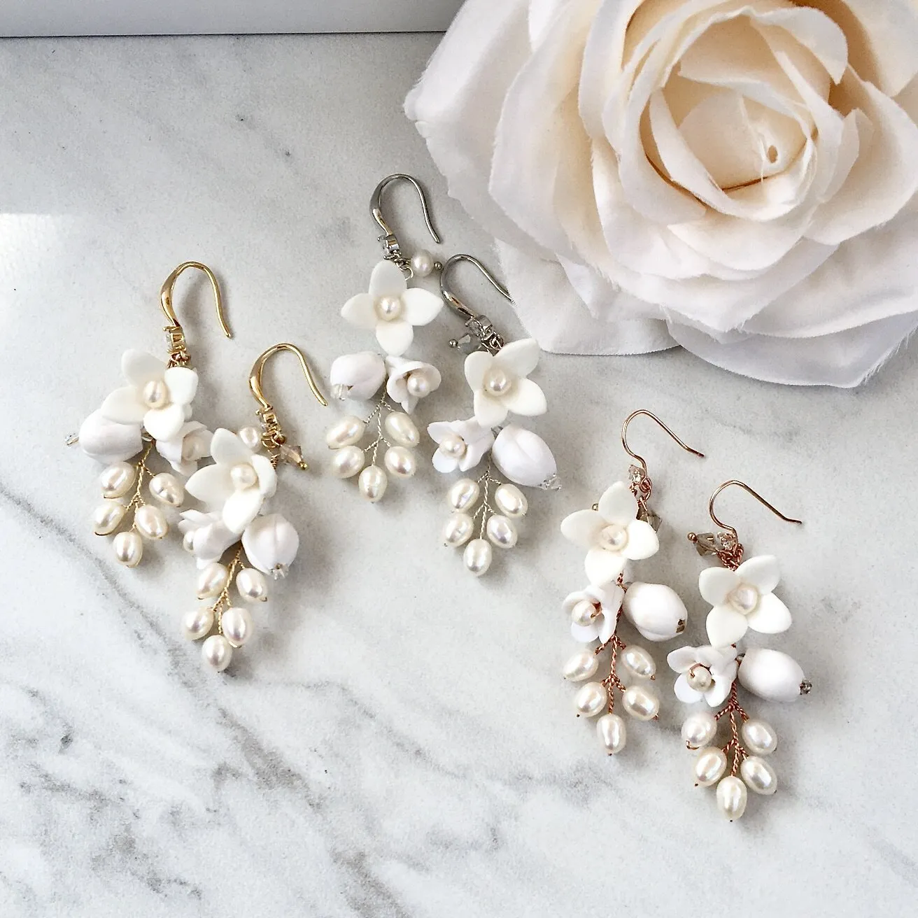 "Claudine" - Ceramic Flowers Bridal Earrings - Available in Yellow Gold, Silver and Rose Gold