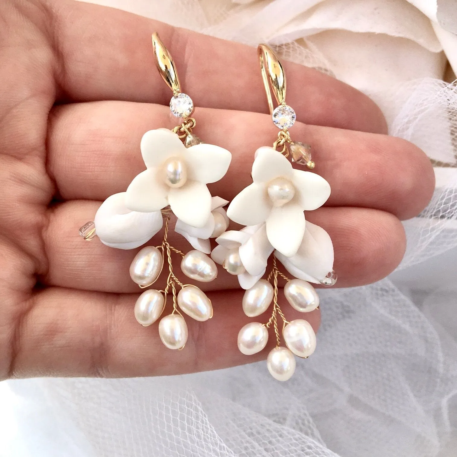 "Claudine" - Ceramic Flowers Bridal Earrings - Available in Yellow Gold, Silver and Rose Gold