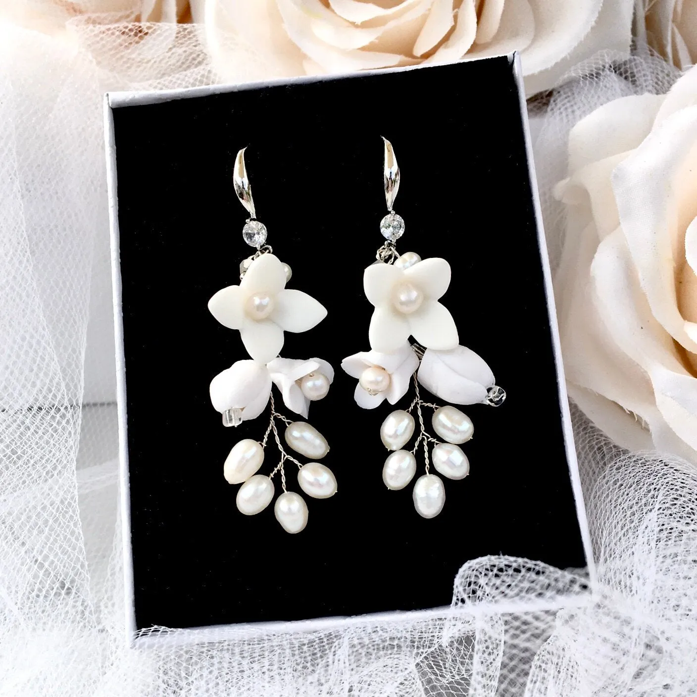 "Claudine" - Ceramic Flowers Bridal Earrings - Available in Yellow Gold, Silver and Rose Gold