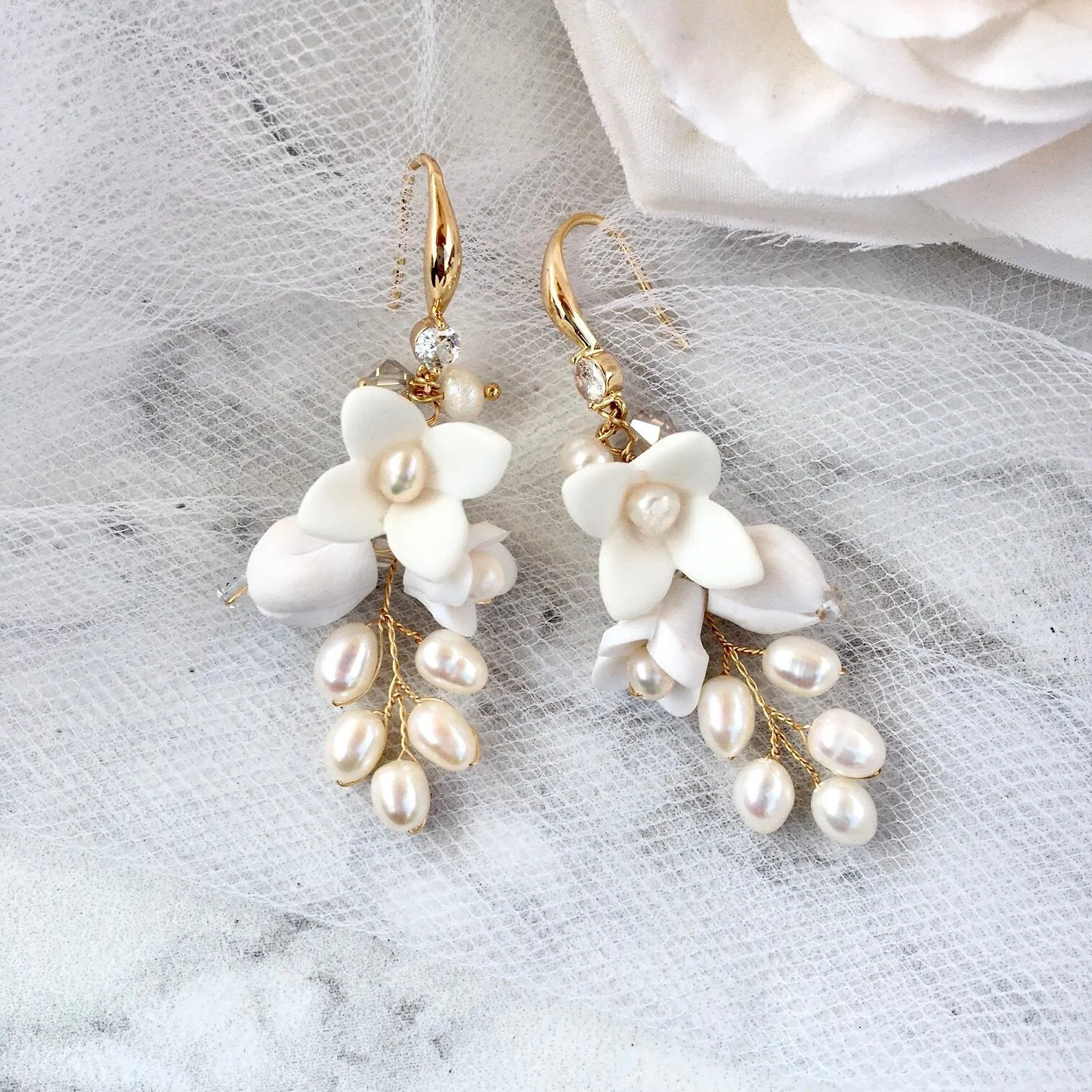 "Claudine" - Ceramic Flowers Bridal Earrings - Available in Yellow Gold, Silver and Rose Gold