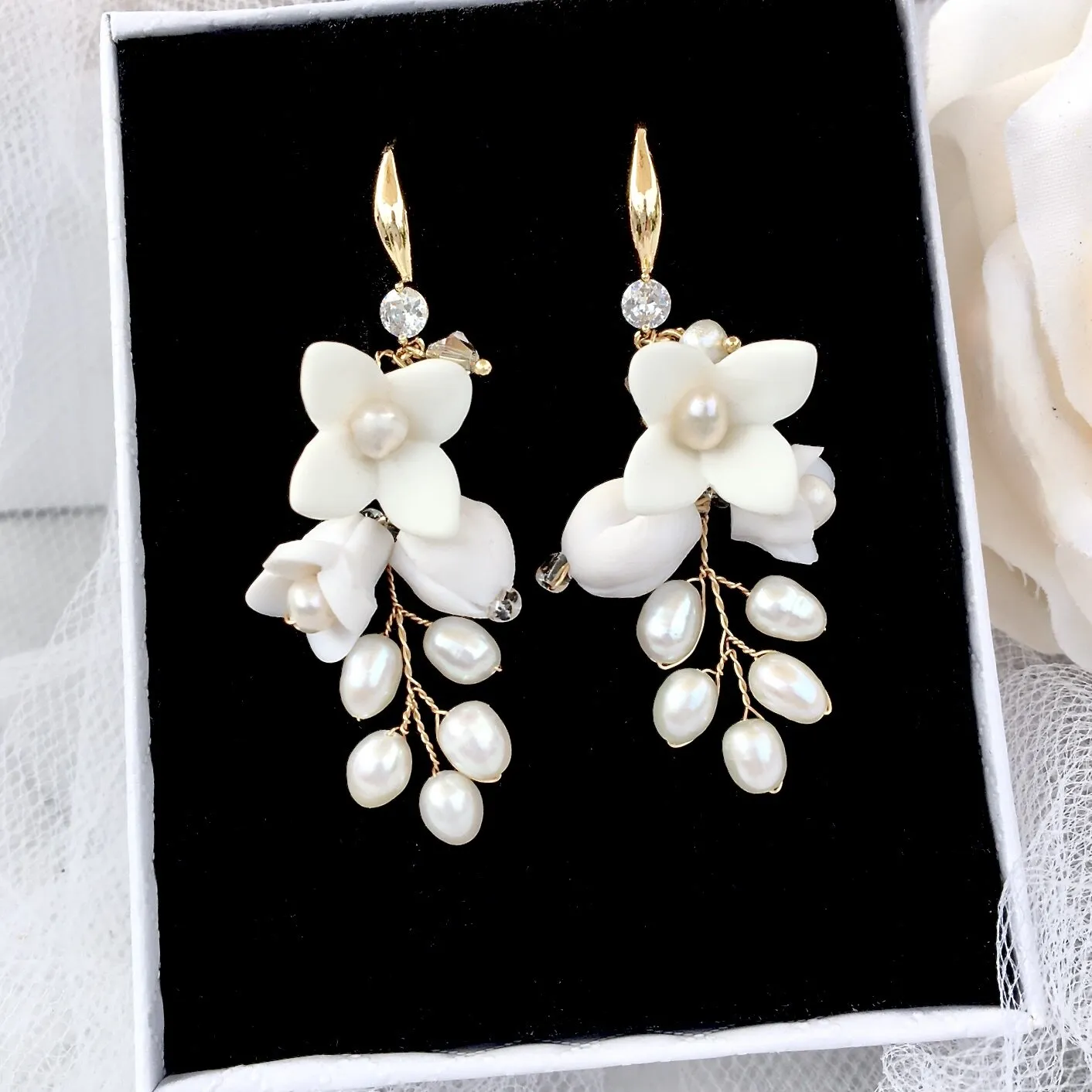 "Claudine" - Ceramic Flowers Bridal Earrings - Available in Yellow Gold, Silver and Rose Gold